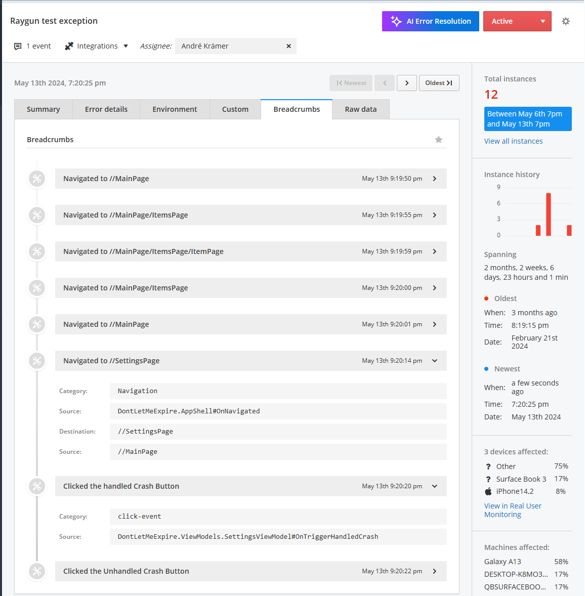 Breadcrumb view of a Raygun crash report