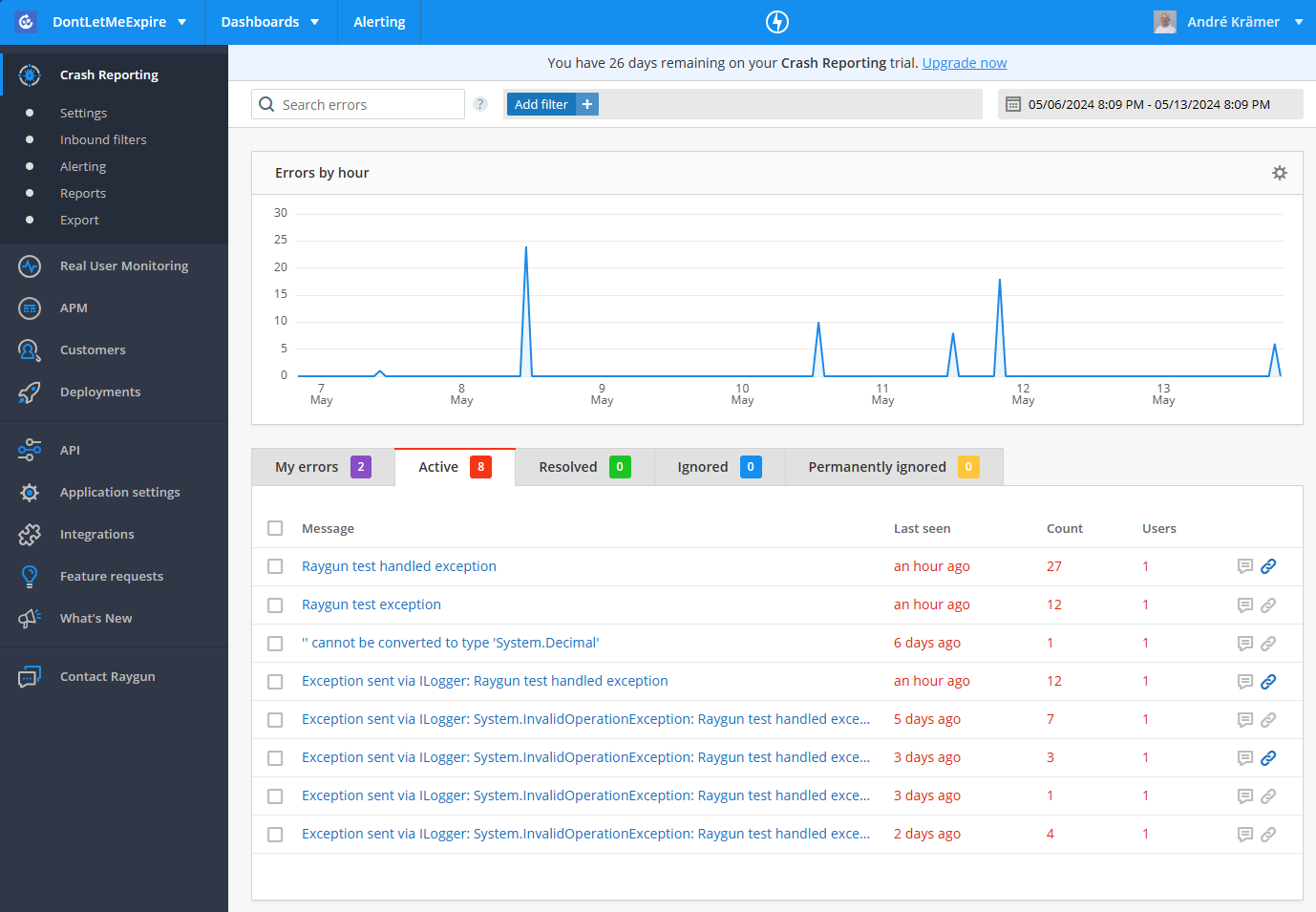 Raygun Crash Reporting Overview Page