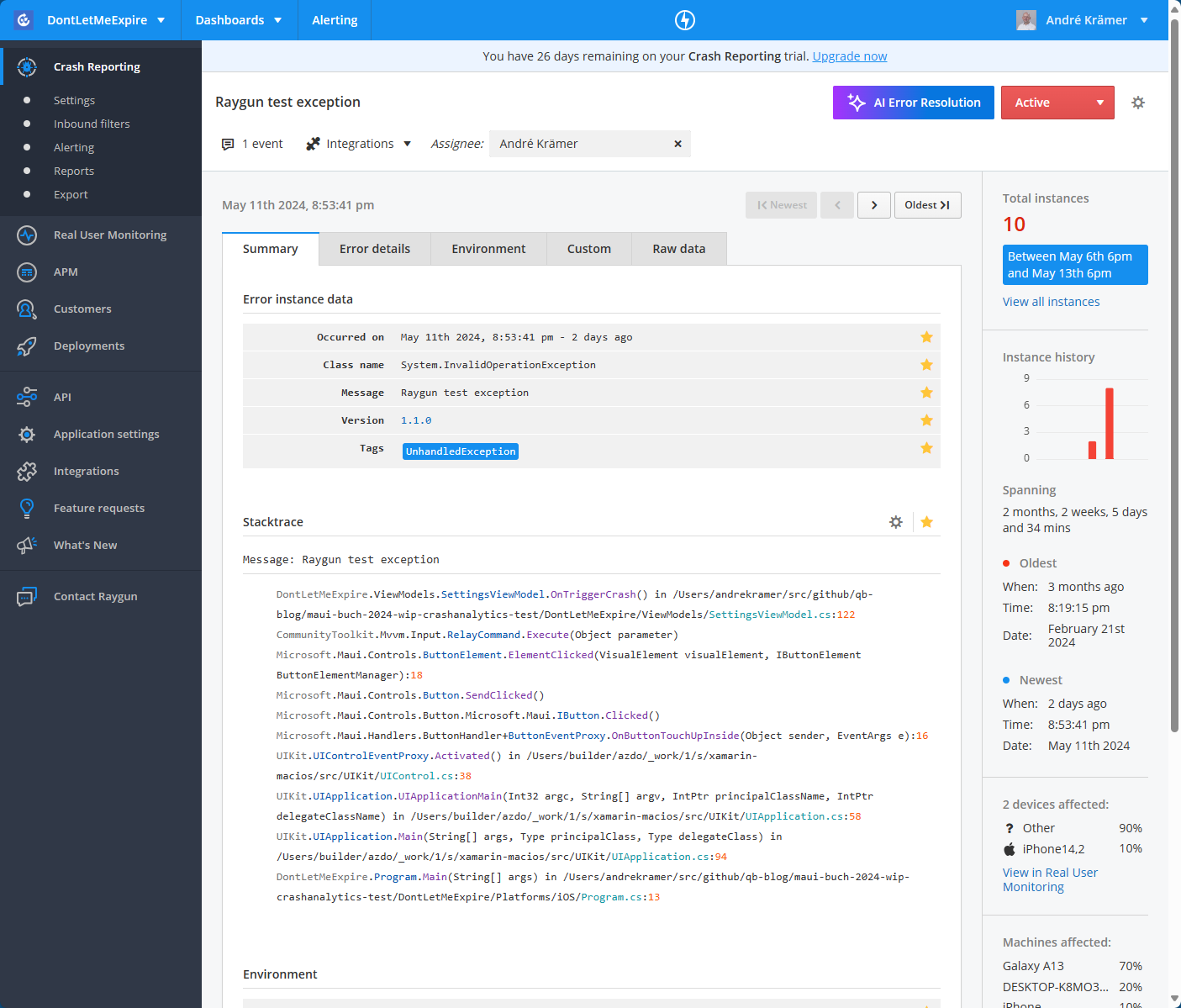 Summary view of a Raygun crash report