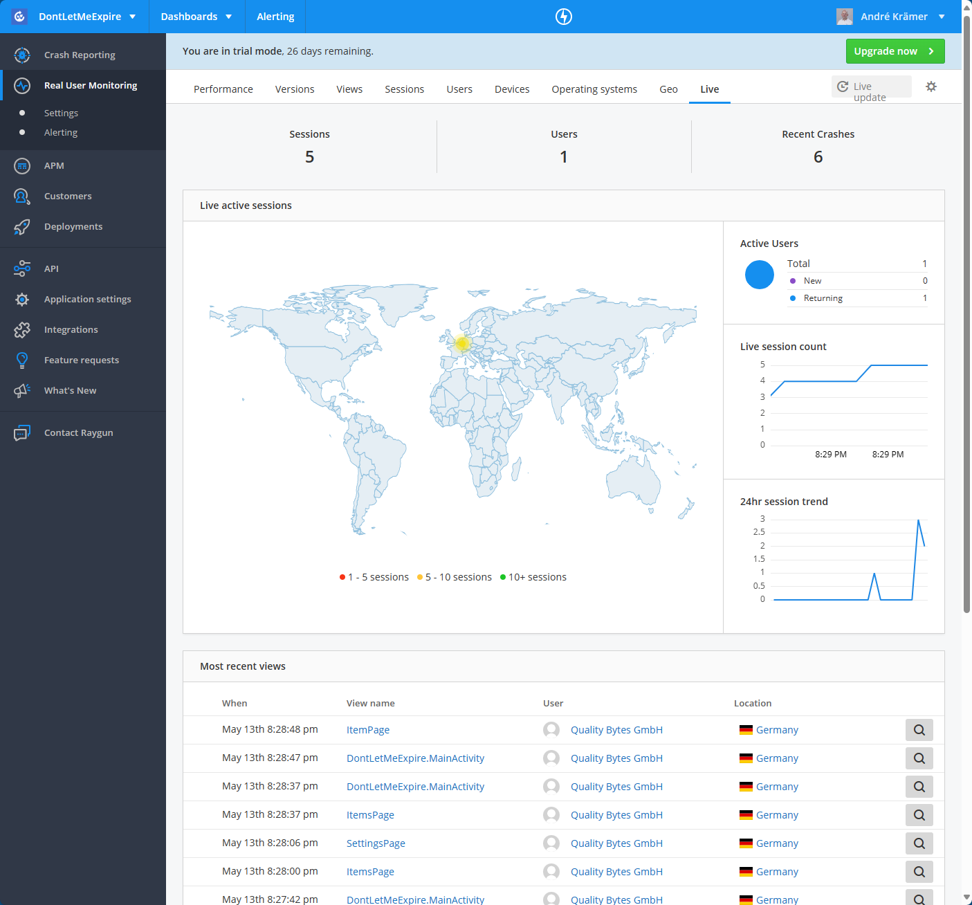 Raygun Real User Monitoring: Live View