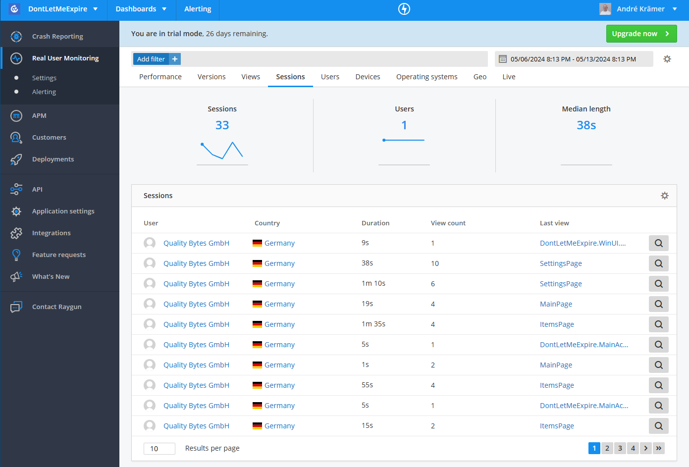 Raygun Real User Monitoring: Session Overview