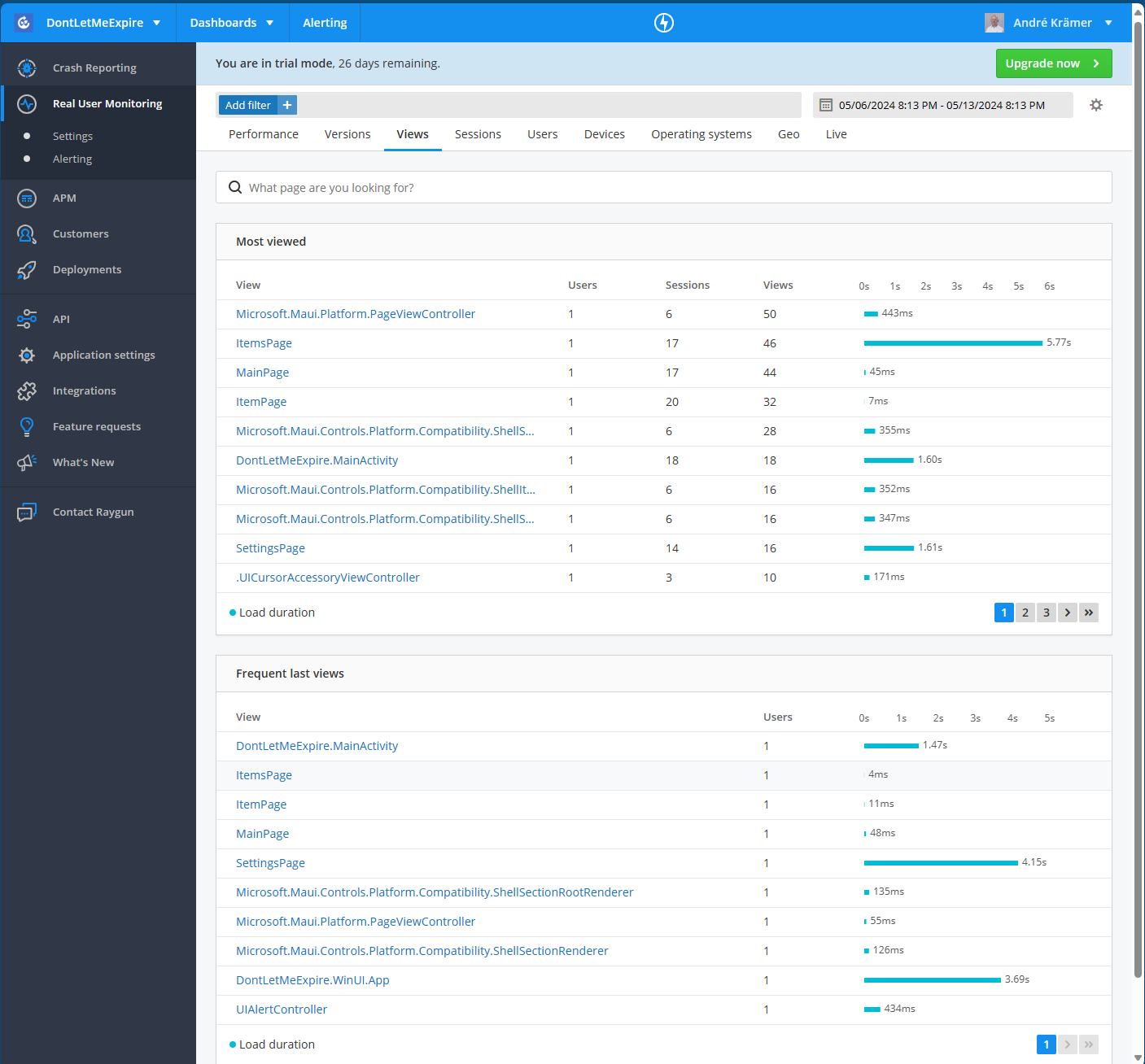 Raygun Real User Monitoring: Views